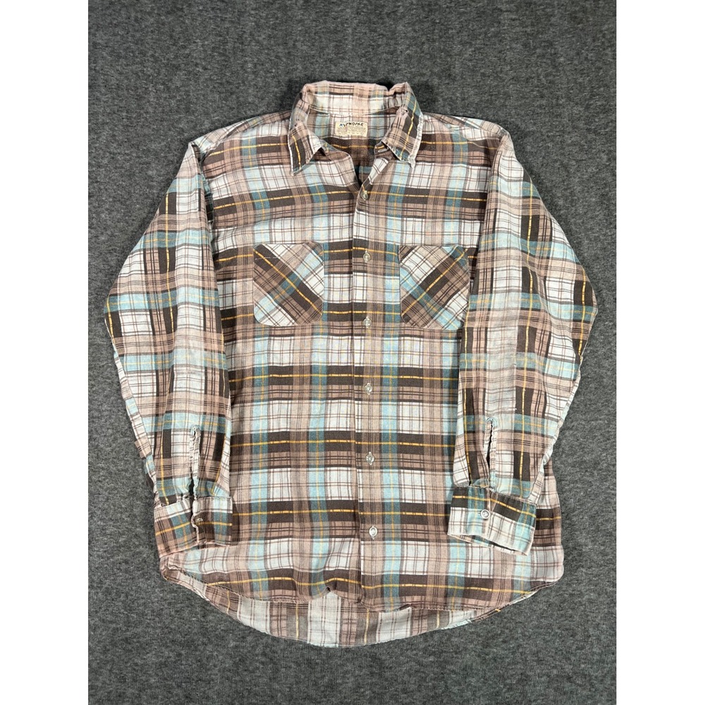 Vintage 70s Klondike Plaid Flannel Shirt Mens Large Brown Blue Permanent Press